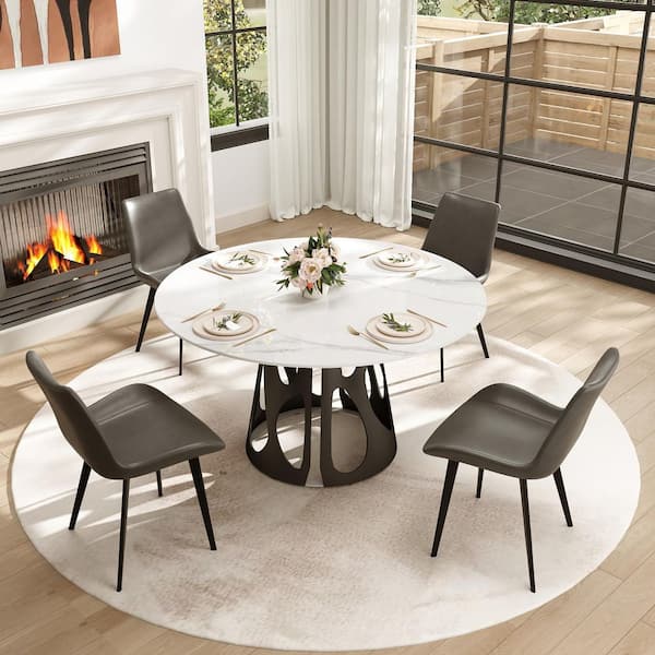 Magic Home 53.1 in. White Round Sintered Stone Tabletop with Black Metal Pedestal Base Dining Table (Seats-6)