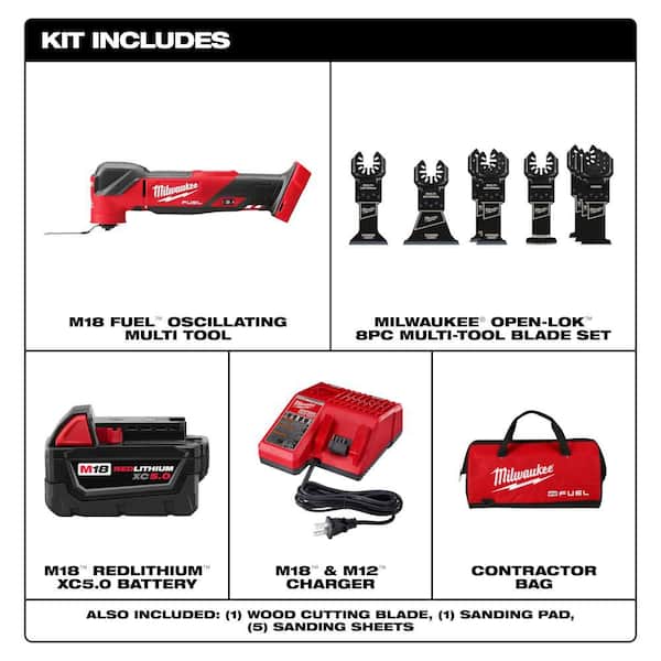 M18 FUEL 18V Brushless Oscillating Multi-Tool Kit w/ 5. 0Ah Battery, Charger, Bag with 8-Pc OMT Blade Kit