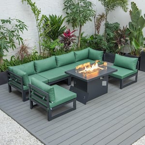 Chelsea Modern Black Aluminum 7-Piece Patio Sectional Seating Set With Fire Pit Table & Green Cushions