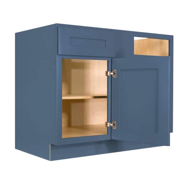 LIFEART CABINETRY Lancaster Blue Plywood Shaker Stock Assembled Blind Corner Kitchen Cabinet (42 in. W x 34.5 in. H x 24 in. D)