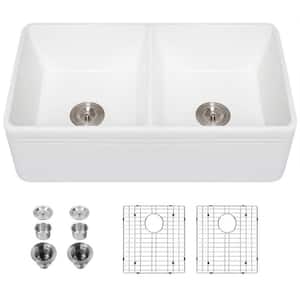 White Fireclay 33 in. Double Bowl Farmhouse Apron Front Kitchen Sink with Bottom Grid