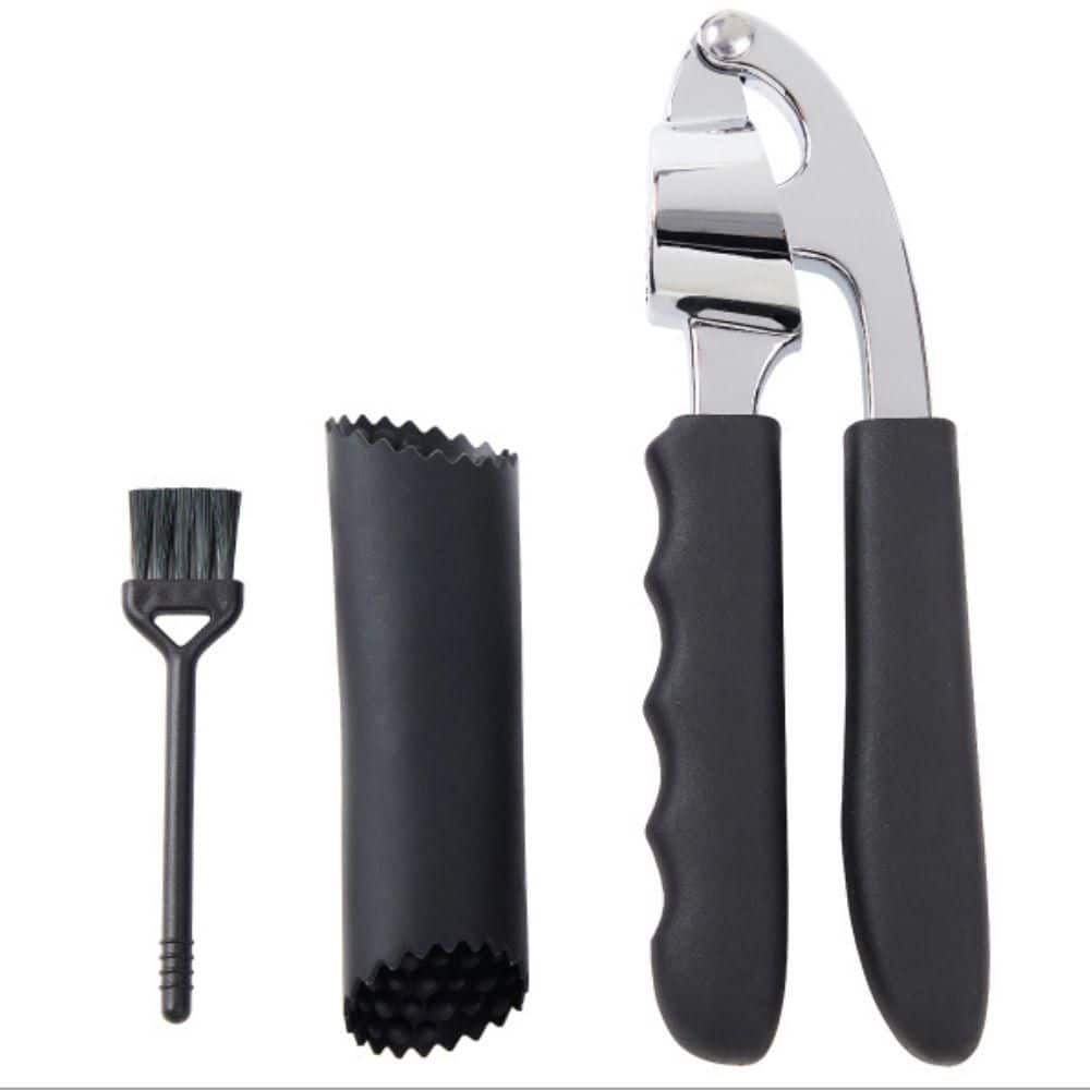Garlic Press and Peel Set, Heavy Duty Mincer Tool in Black