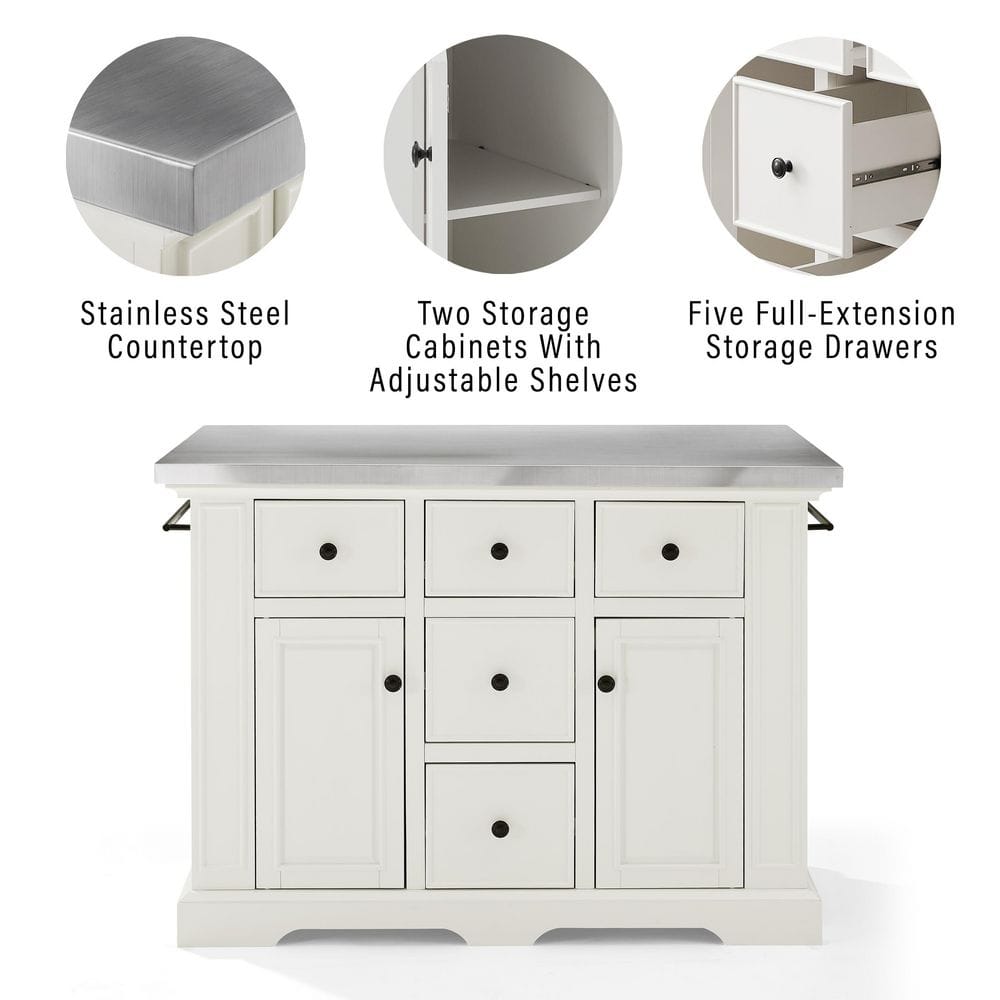 Julia White Stainless Steel Top Kitchen Island with Saddle Stools