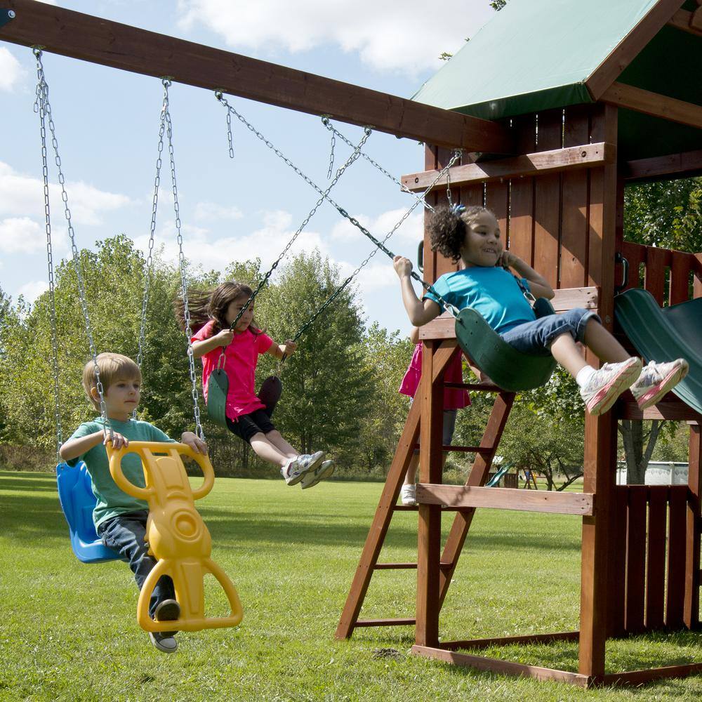 Knightsbridge Wooden Swing Set with Slide and Climbing Wall