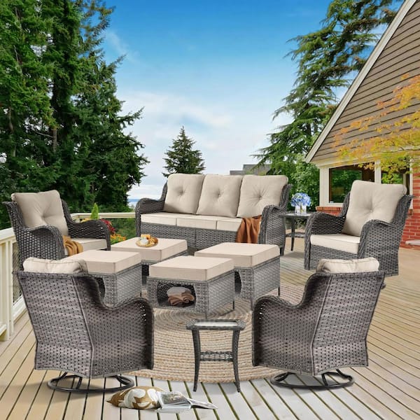 Xingzjojor Gray 11-Piece Wicker Outdoor Patio Conversation Seating Sofa Set with Beige Cushions and Swivel Rocking Chairs