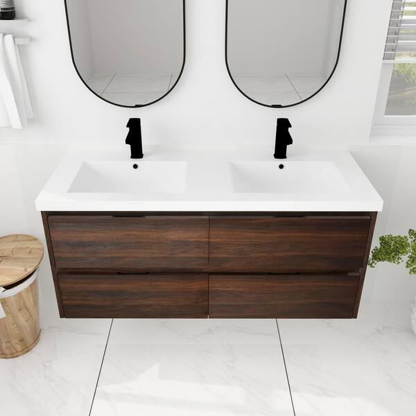 FUNKOL 47 in. W x 18 in. D x 21 in . H Wall-mounted Bath Vanity in Brown (California Walnut) with White Resin Top