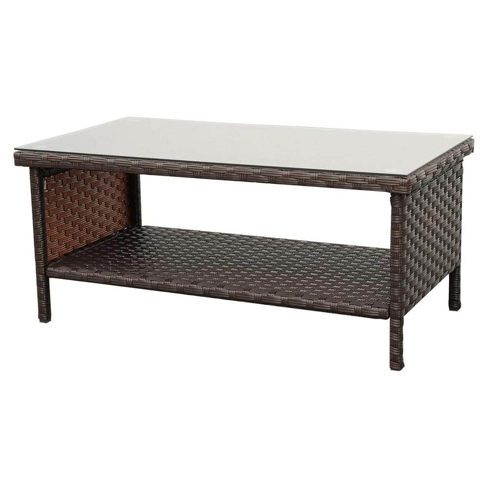 Brown Rectangular Wicker Glass Top Outdoor Coffee Table with Storage and Fu
