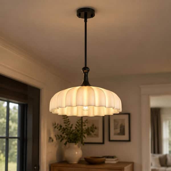 15.7 in.Matte Black Pendant Light with Cylinder Glass Shade E26 1-Light Industrial Pendant Lamp for Dining Room Entryway