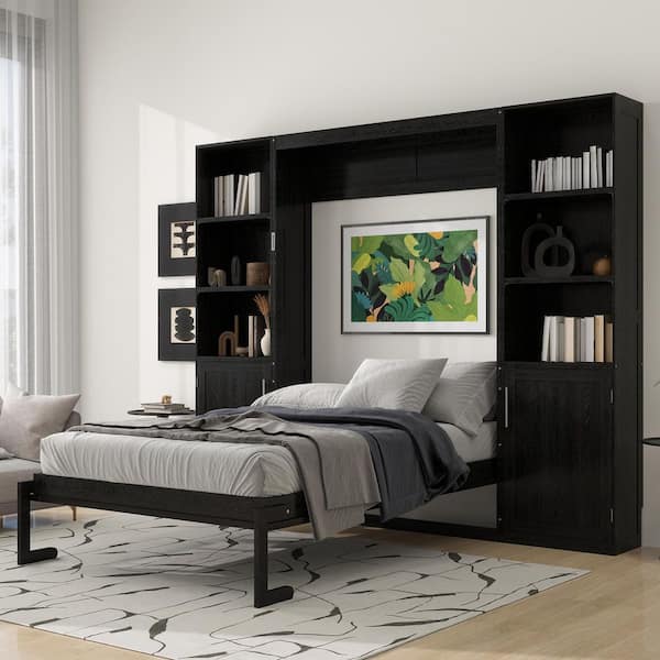 Black Wood Frame Queen Size Murphy Bed with Storage Shelves and Cabinets