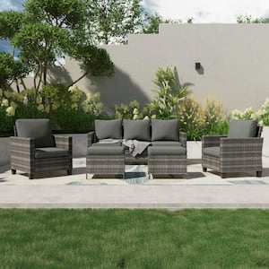 5-Piece Outdoor Patio Conversation Set Widened Back and Arm Grey Rattan 3-Seat Sofa 2-Ottomans, Grey