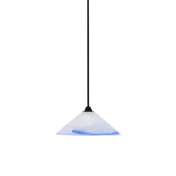 Unbranded Madison 100-Watt 1-Light Matte Black Shaded Pendant Light with 16 in. Blue Swirl Shade, No Bulb Included