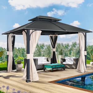 10 ft. x 12 ft. Black Hardtop Patio Gazebo with Double Roof, with Mosquito Netting and Privacy Curtains