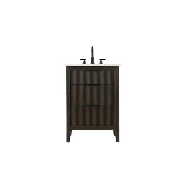24 in. Single Sink Freestanding Chocolate Oak Bath Vanity with Marble White Engineered Marble Top