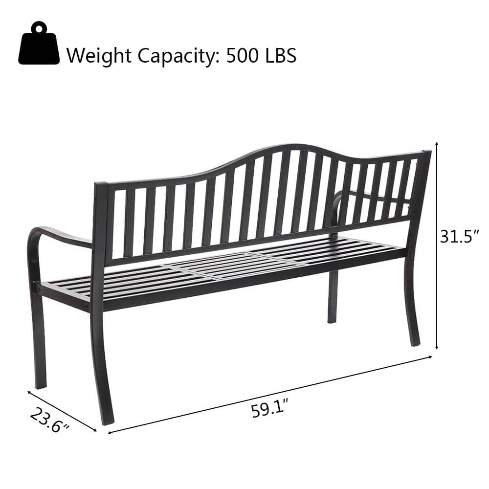Black Steel Outdoor Bench with Built-In Table, 59"
