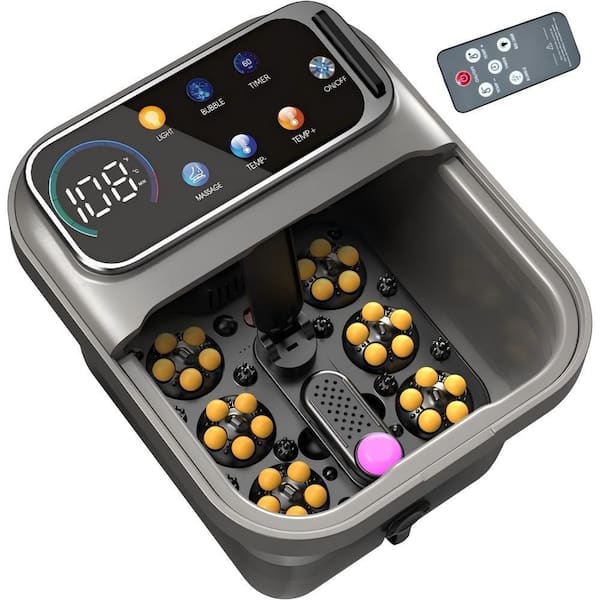 Ultra Thin Collapsible 4D Shiatsu Massage, Electric Tub, Foot Bath Spa in Gray, Heat Bubble Remote Temp Control