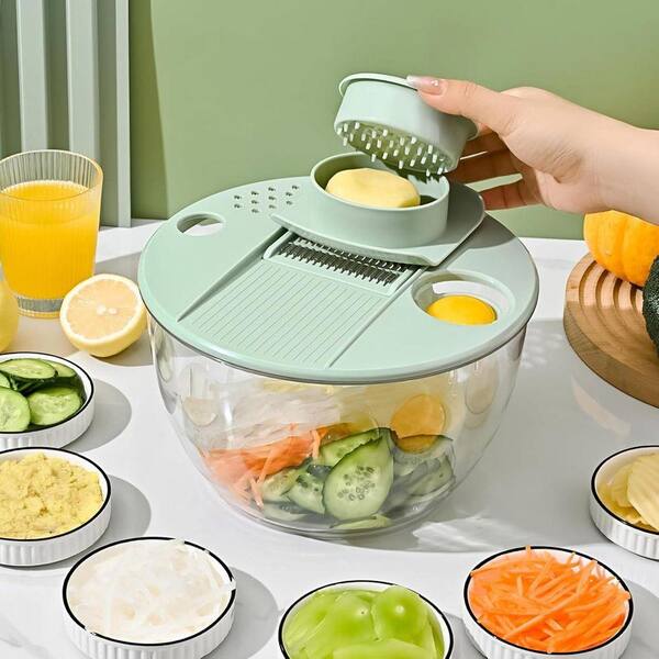 Salad Spinner with 5 Blades for Washing Drying Slicing Fruits Vegetables Lettuce Pasta Egg Separator 5.3 qt. Green White