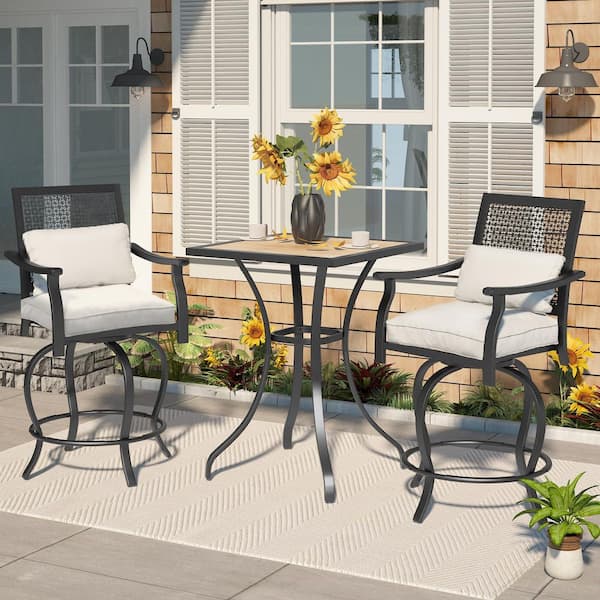 AECOJOY Black 3-Piece Metal 36.4 in. Swivel Outdoor Bistro Set with Beige Cushions