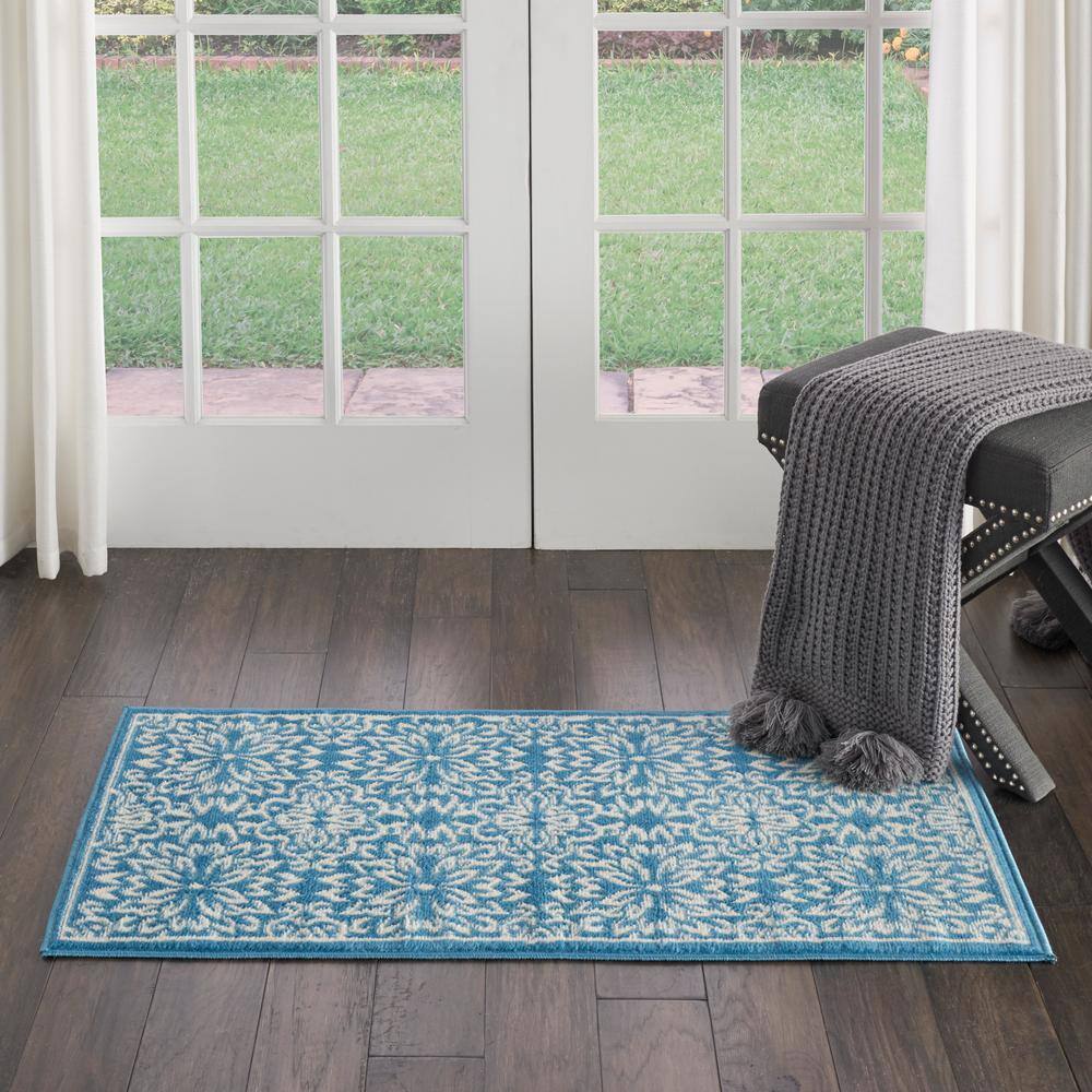 Ivory & Blue Floral Hand-Knotted Viscose Area Rug, 2' x 4'
