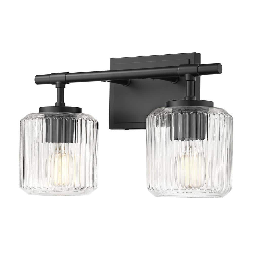 Landon 14 in. 2 Light Matte Black Vanity Light with Clear Ribbed Glass Shad
