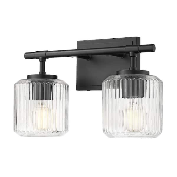 Unbranded Landon 14 in. 2 Light Matte Black Vanity Light with Clear Ribbed Glass Shades