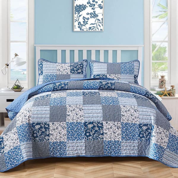 3-Piece Blue Microfiber Plaid Floral Bedspread Coverlet Set, Patchwork Reversible Bedding Set for All Season, Queen Size