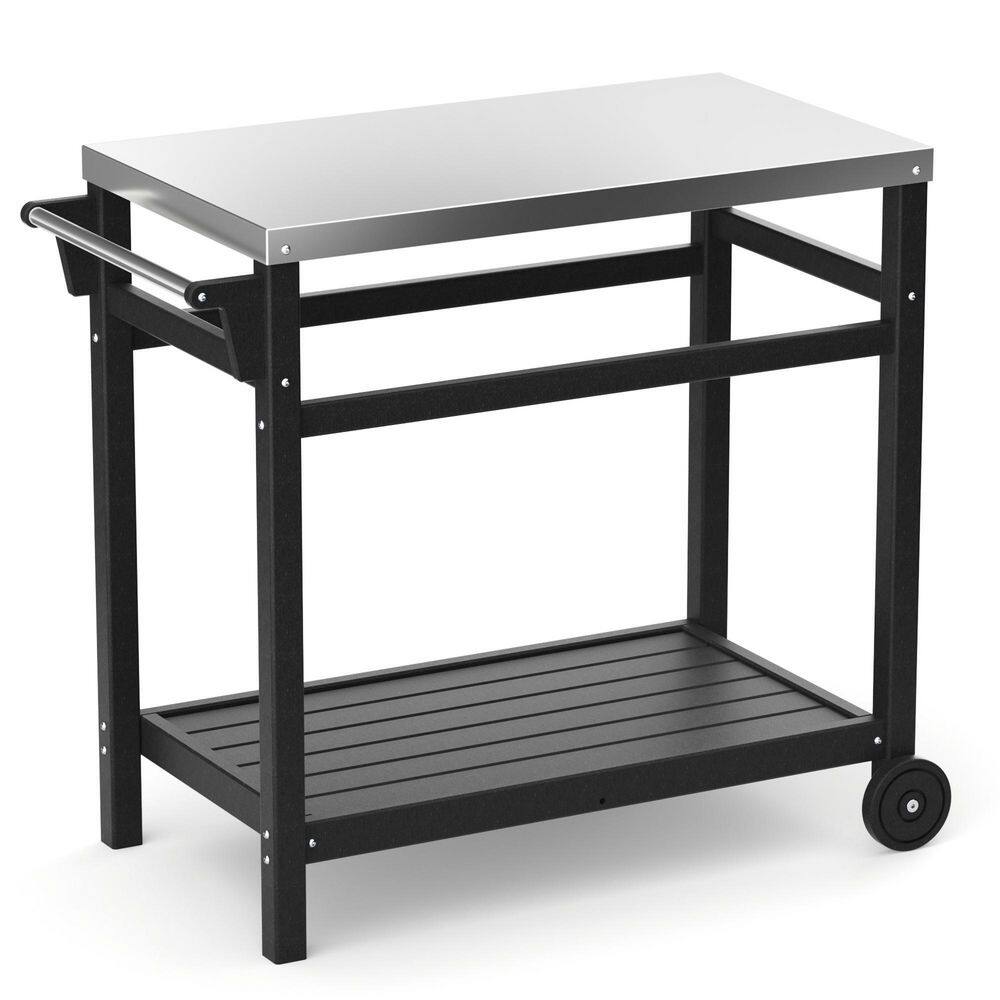 Black HDPE BBQ Grill Cart Outdoor Prep Cart for Pizza Oven, Patio