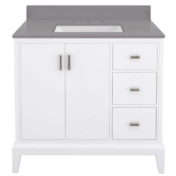 Home Decorators Collection Shaelyn 37 in. W x 22 in. Vanity in White RH Drawers with Engineered Marble Vanity Top in Slate Gray with White Sink