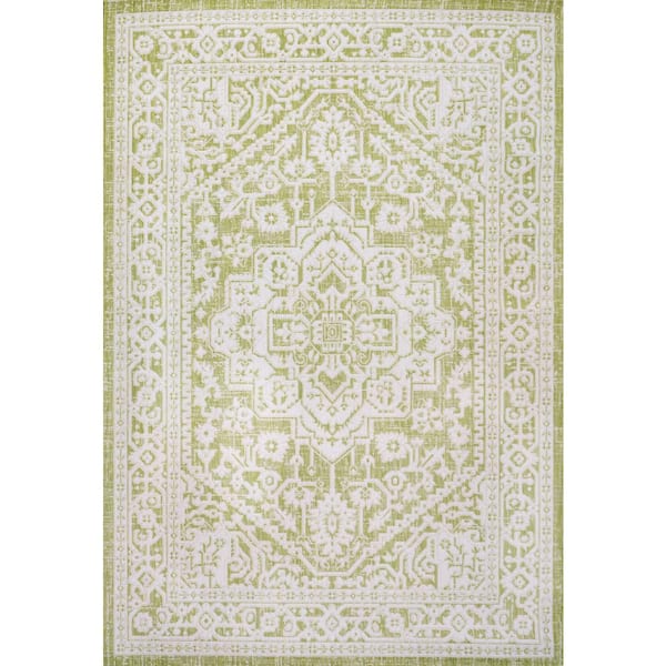 Sinjuri Medallion Textured Weave Green/Cream 9 ft. x 12 ft. Indoor/Outdoor Area Rug