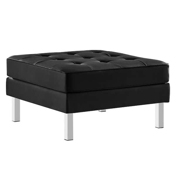 Loft Silver BlackTufted Button Upholstered Faux Leather Ottoman