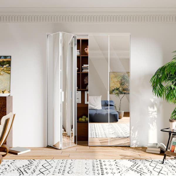 60 in. x 80 in., Mirrored Glass, White, Hollow Core, MDF, Aluminum Frame, Full Lite Bi-fold Doors with Hardware Kits