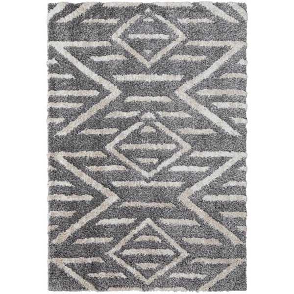 HomeRoots 2 ft. x 8 ft. Gray, Ivory Geometric Area Rug