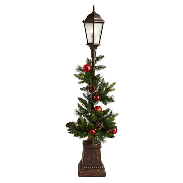 Nearly Natural 5 ft. Pre-lit Indoor/Outdoor Artificial Christmas Decorated Lamp Post with Greenery, Ornaments, 50 LED Lights for Porch