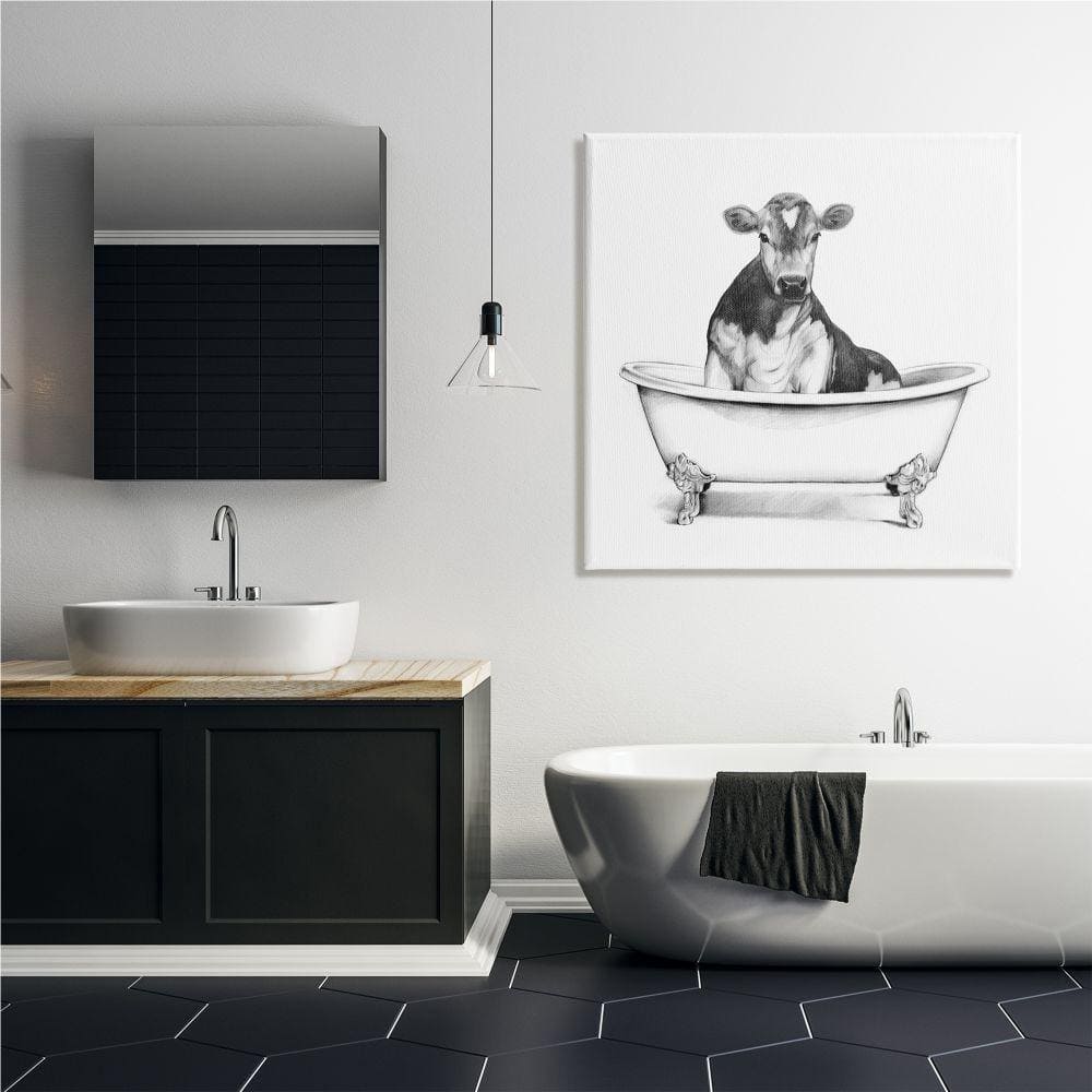 Minimalist Black and White Cow in Claw Tub Canvas Wall Art, 36" x 36"