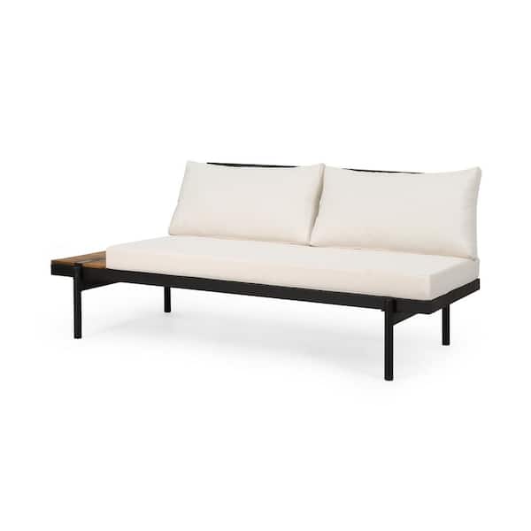 Harper & Bright Designs Left Side Wood Outdoor Chaise Couch with Cream Cushions