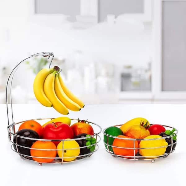 1 Piece 2-Tier Kitchen Countertop Chrome Fruit Vegetable Storage Basket Bowl with Banana Hanger, Decorative Ferric Art