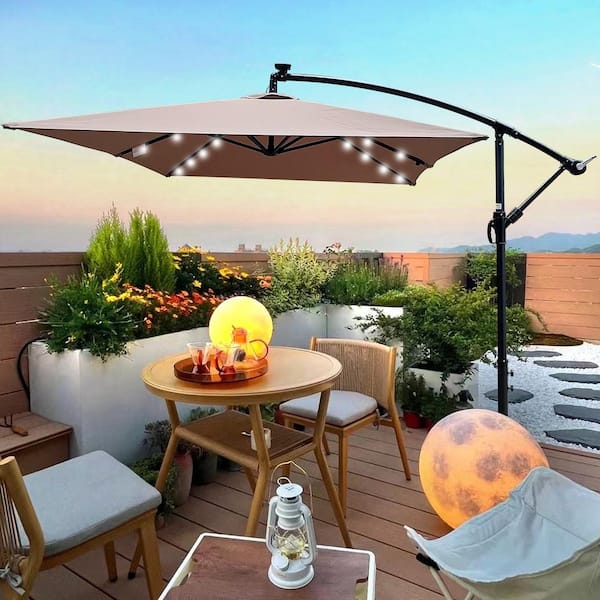 10 ft. Steel Market Solar LED Lighted Tilt Patio Umbrella in Mushroom with Crank and Cross Base