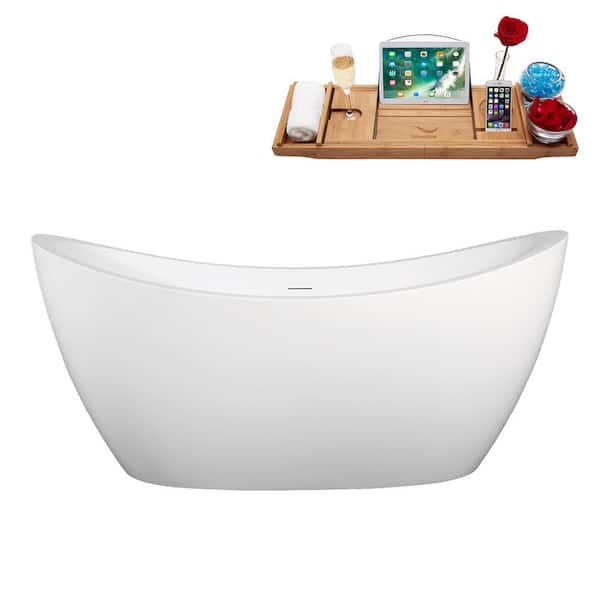 67 in. x 33 in. Acrylic Freestanding Soaking Bathtub in Matte White with Brushed Gold Drain, Bamboo Tray