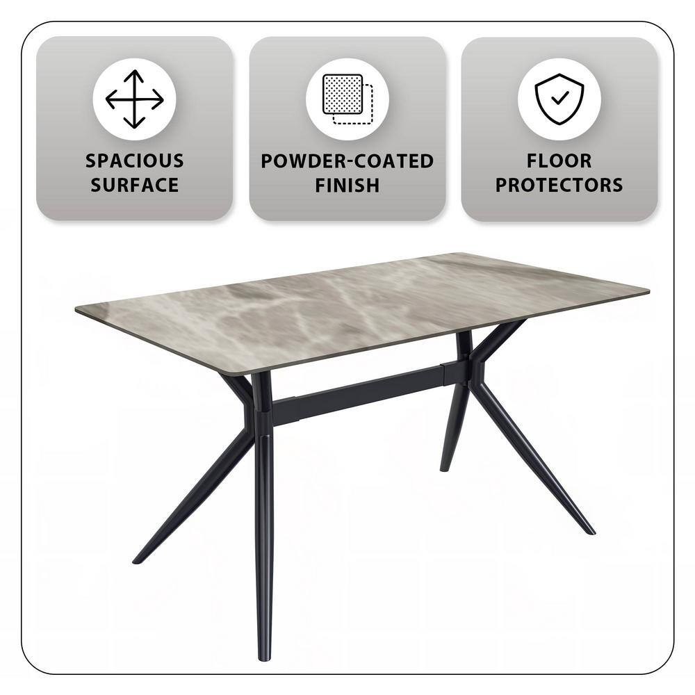 Deep Grey Glass Rectangular Dining Table with Black Steel Base
