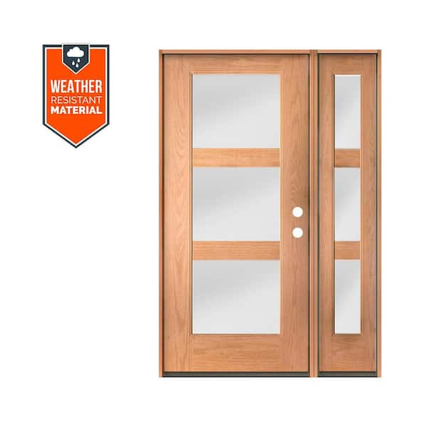 Krosswood Doors BRIGHTON Modern 50 in. x 79 in. 3-Lite Left-Hand Inswing Satin Etched Glass Teak Stain Fiberglass Prehung Front Door RSL