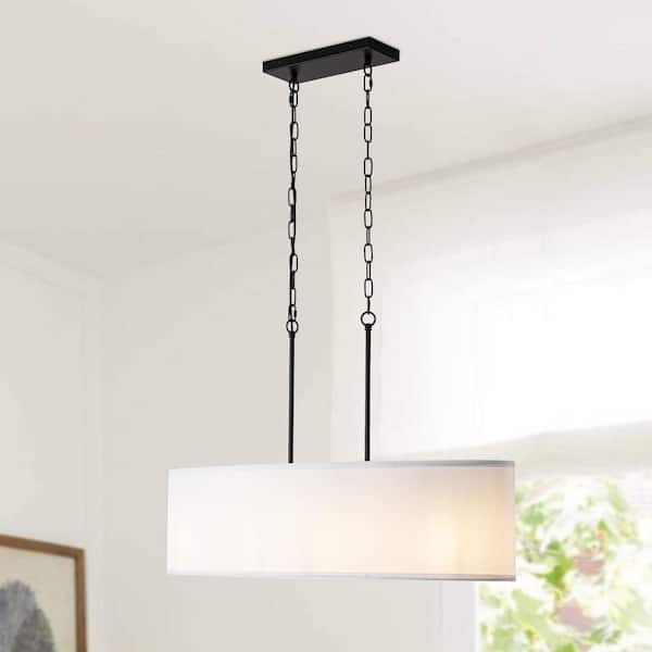 4-Light Black Ellipsoid Hanging Linear Chandelier Lighting Fixture with Cloth Shade for Kitchen Island