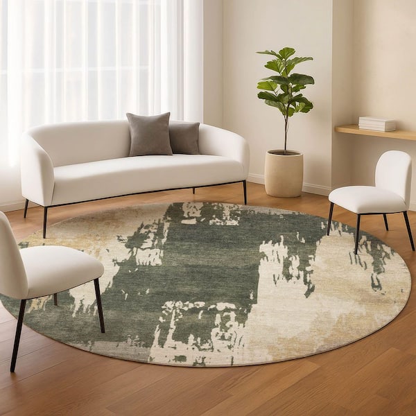 Chantille Machine Washable Indoor/Outdoor Abstract ACN2347 Olive 8 ft. x 8 ft. Round Rug