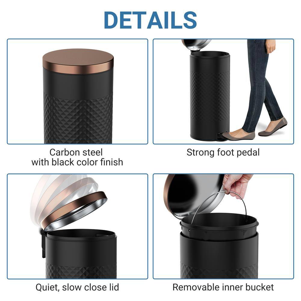 Black Stainless Steel Pedal Trash Can with Copper Lid - 8 Gallons