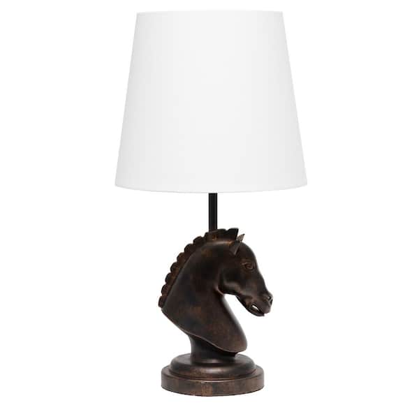 Simple Designs 17.25 in. Bronze Decorative Chess Horse Shaped Bedside Table Desk Lamp with White Tapered Fabric Shade for Home Decor