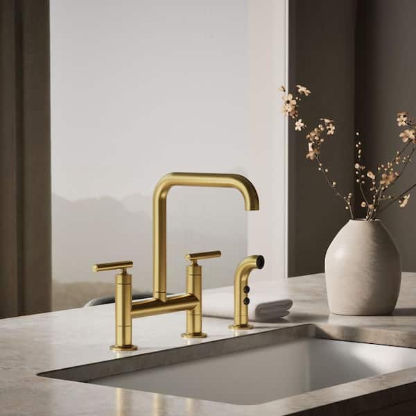 Purist 2 Handle Bridge Kitchen Faucet in Vibrant Brushed Moderne Brass