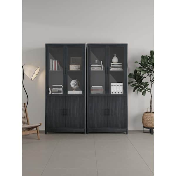 Manhattan Comfort Jodie 67.6 in. Tall Mid-Century Modern Charcoal Grey Composite Wood 6-Shelf Bookcase with Glass Doors (Set of 2)