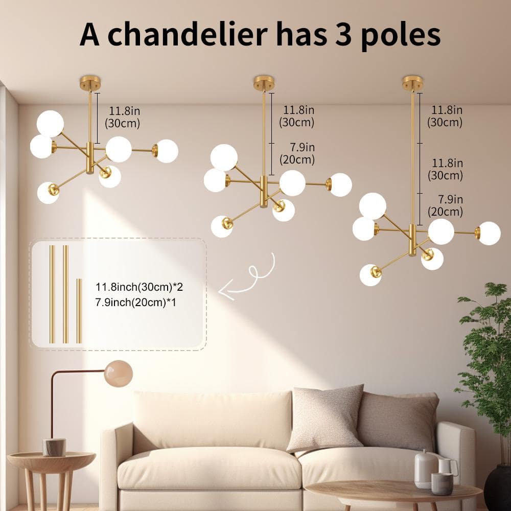 Gold Sputnik 6-Light Chandelier with White Glass Shades