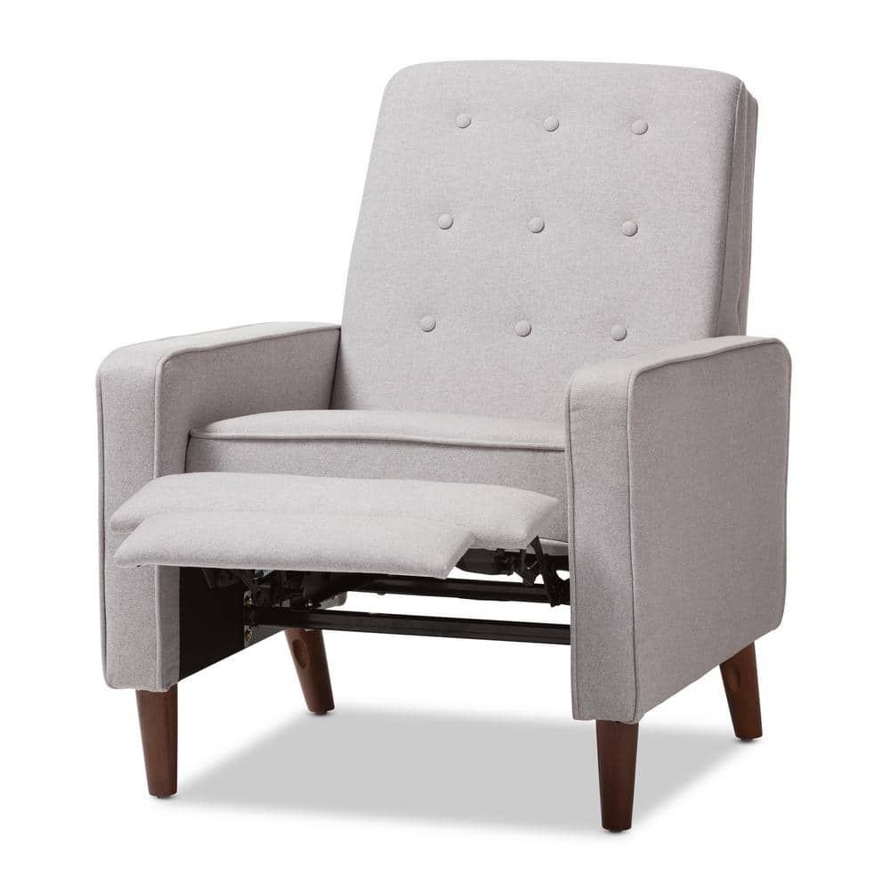 Light Grey Fabric and Walnut Wood Mid-Century Recliner