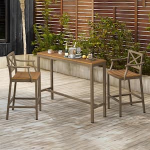 Humphrey 3 Piece 55 in. Teak Alu Outdoor Patio Dining Set Pub Height Bar Table Plastic Top With Bar Chairs For Balcony