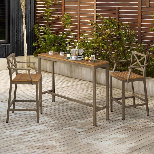 LUE BONA Humphrey 3 Piece 55 in. Teak Alu Outdoor Patio Dining Set Pub Height Bar Table Plastic Top With Bar Chairs For Balcony