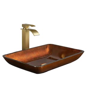 Handmade Glass Rectangle Vessel Bathroom Sink Set in Rich Chocolate Brown Finish with gold Faucet and Pop Up Drain